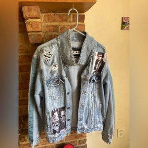 Designer KLEEP denim trucker jacket with screen patchwork. Size M, NWOT